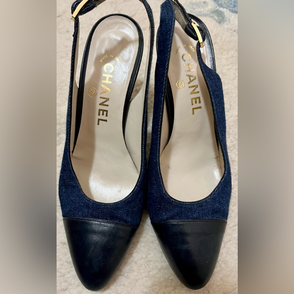 CHANEL  Denim/ Black Toe sling back.